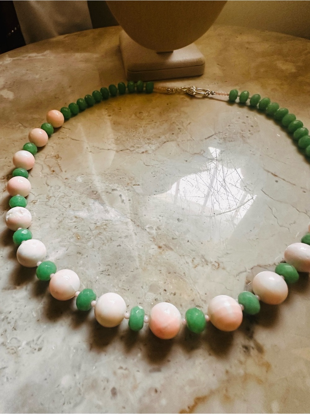 Green Jade and Pale Pink AngelSkin Coral Beaded Necklace - Women Jewelry - Picture 7 of 13
